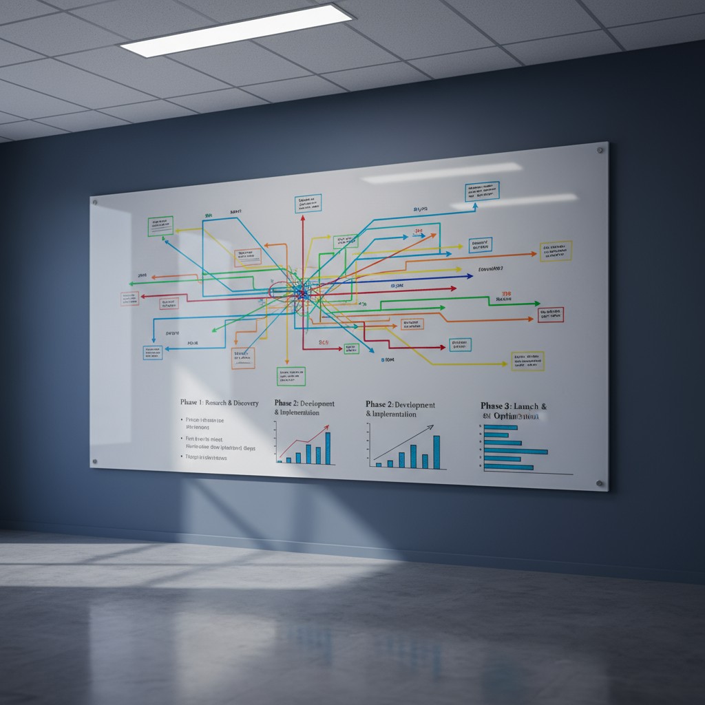Large white whiteboard-filled wall with a flow chart containing arrows and graphs in a gray office with nonrepeating blue ...